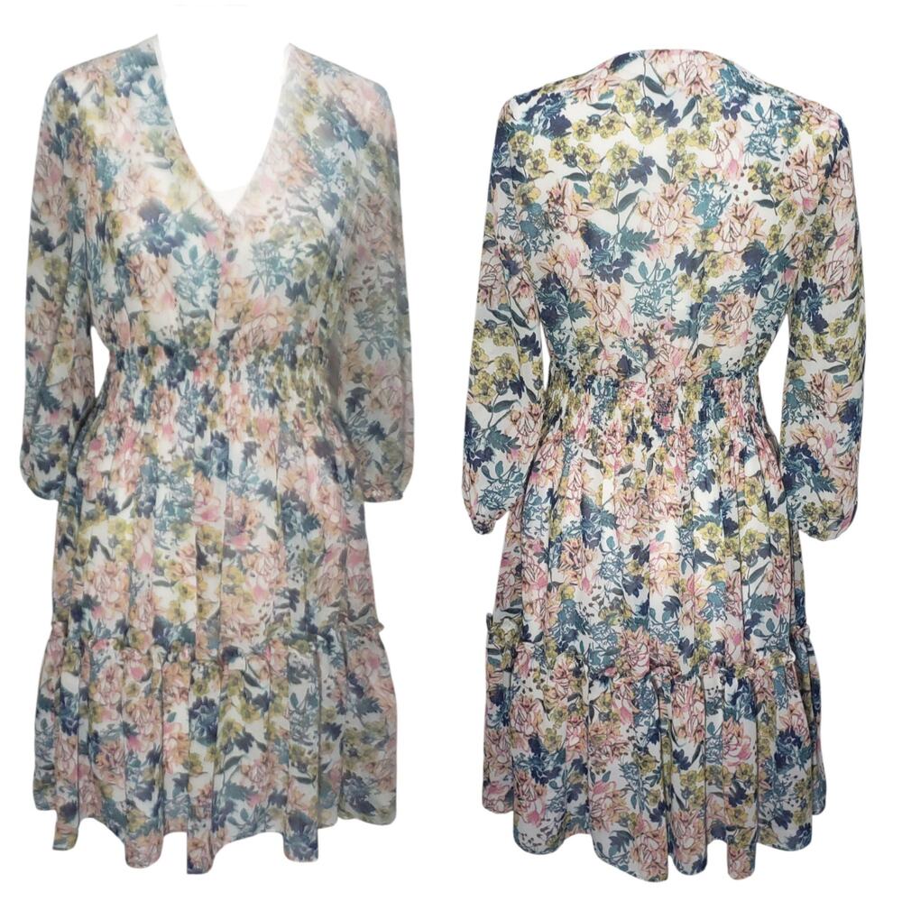 Just Taylor Floral Dress 2 White Multicolor Sheer Tiered Career Wedding Guest